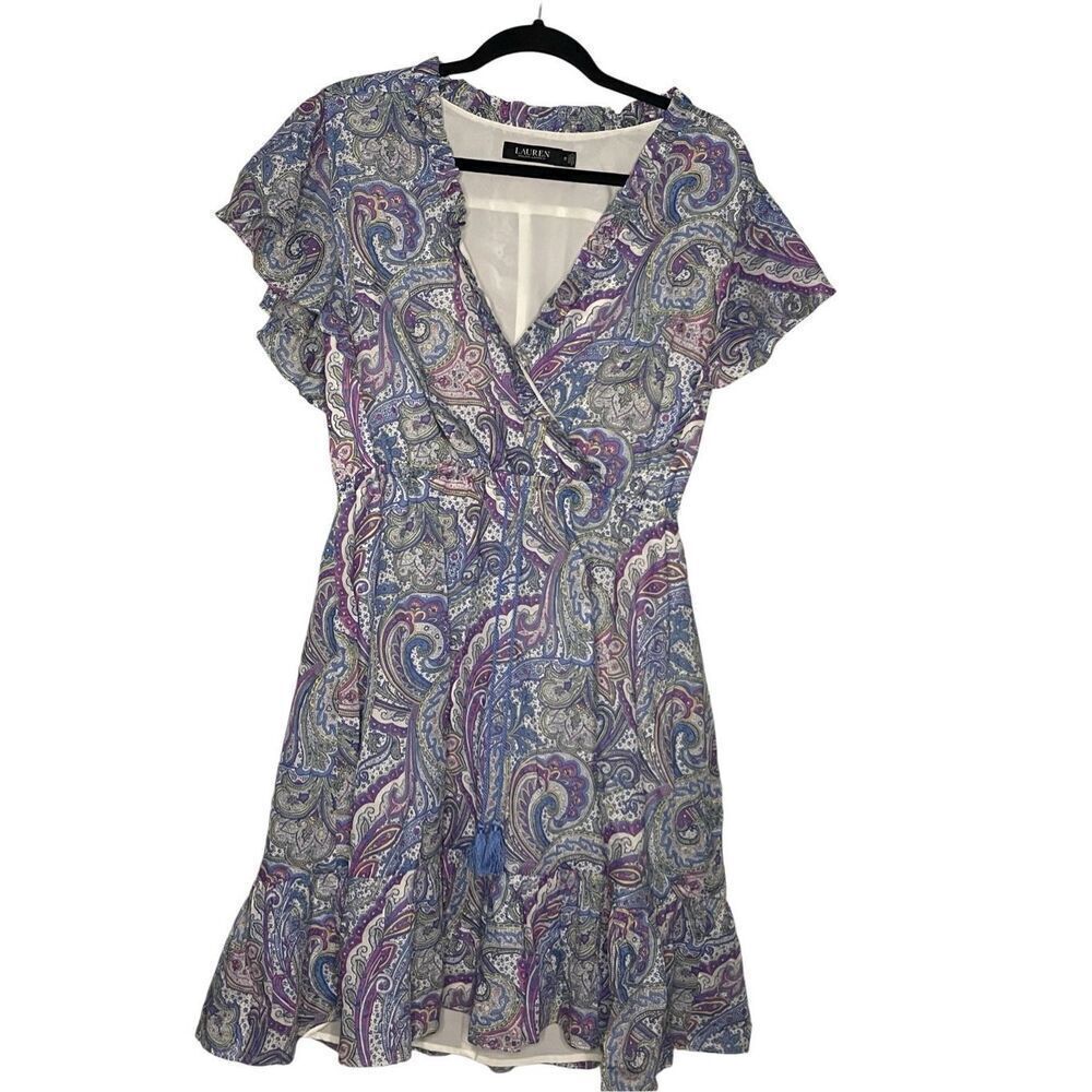 Lauren Ralph Lauren Blue Pink Paisley Ruffle A-Line Dress Cotton Women’s Size 12